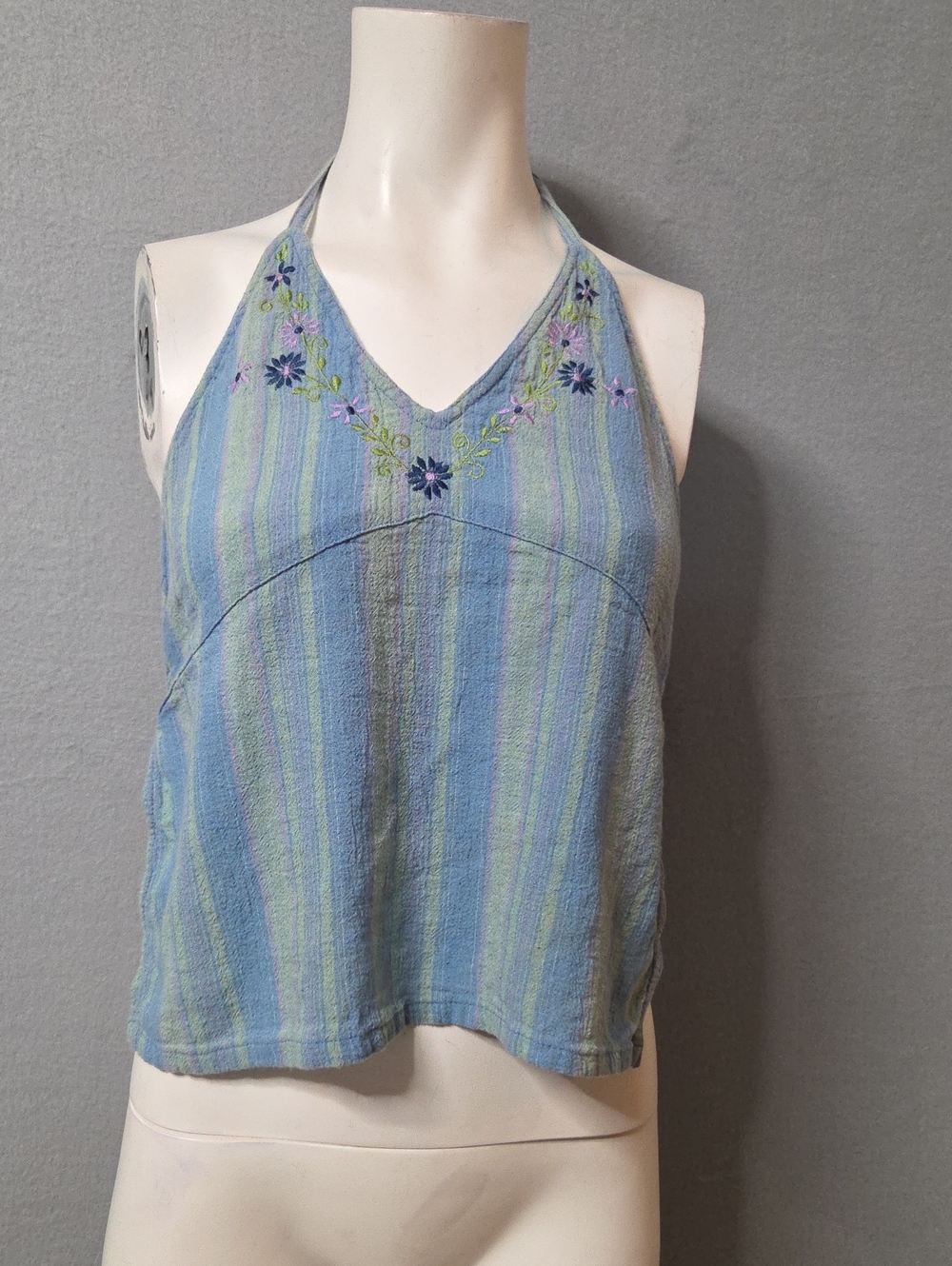 American Eagle Outfitters Blue Striped Halter Tank with Floral Embroidery